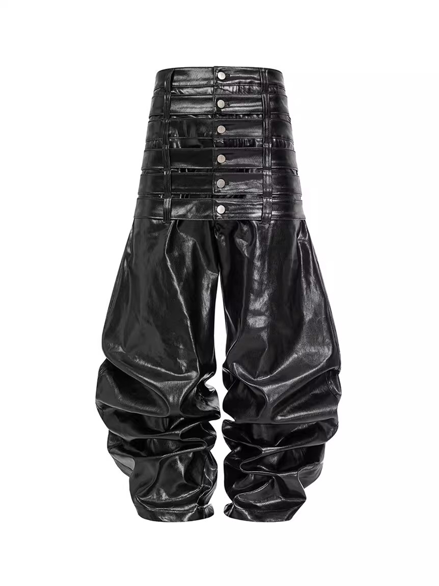 Leather Work Pants - Mauroicardi Autunno Lungo Multi-vita Nero Lucido